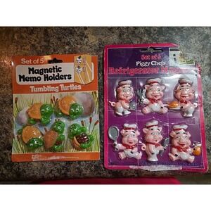 Vintage Giftco Piggy Chefs & Tumbling Turtles Magnetic Memo Holders Set